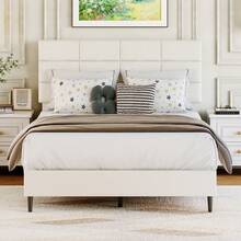 Techigher Upholstered Bed Frame With Adjustable Headboard, Platform Bed With Wooden Slat Support, Heavy Duty Mattress Base With Underbed Storage, Noise-Free No Box Spring Needed - Beige - View 8