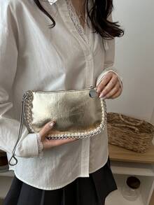 Women's Patchwork Beaded Chain Crossbody Bag, Vintage Colorful Laser Faux Metal Party Envelope Bag - Gold - View 6