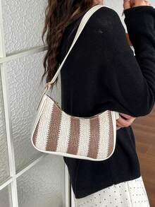 Fashionable Crescent Straw Woven Striped Pattern Handheld Underarm Shoulder Bag For Women - Brown - View 3