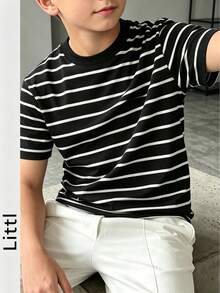 男童及青少年学生休闲绅士风针织拼接条纹圆领短袖毛衣T恤，夏季上衣 - 黑色 - 查看 8