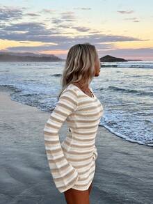 Women's Spring/Summer Striped Color Block Sexy Beach Vacation Slimming Knit Hollow Out Sheer Backless Design Long Sleeve Cover-Up Short Dress - Multicolor - View 4