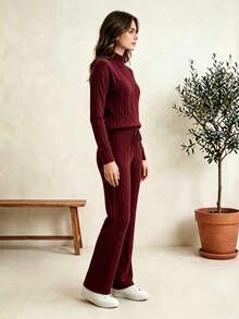 1pc Casual Blouse And Pants Set, Daily Winter Modal Knit, Classic Cable Knit - Redwood - View 2