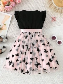 Vestido elegante de niña sin mangas con patrón de mariposa, malla y dobladillo con volantes acanalados, vestido de fiesta de princesa de moda para niñas jóvenes - Rosa - Ver 2