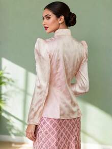 1pc Women's Kebaya Nyonya Floral Print Small Stand Collar Fabric Slit Blouse For Festival, Vacation, Daily Wear, Spring - Pink - View 5