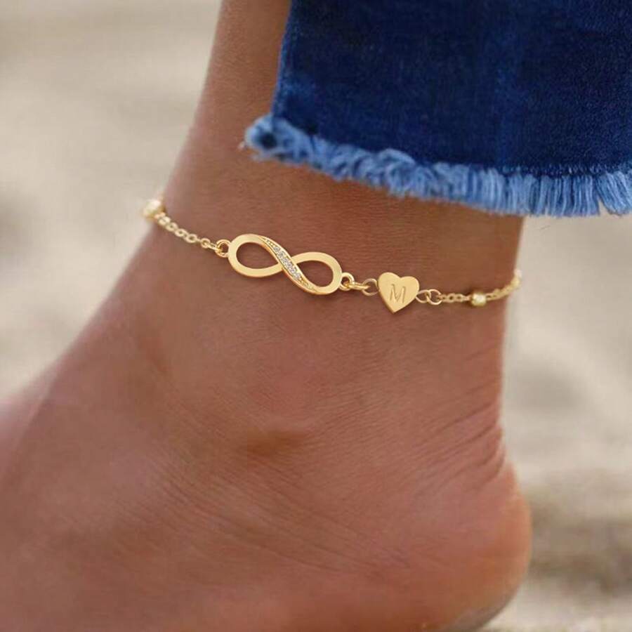 1pc New Fashion Infinity Symbol Heart Initial Gold Stainless Steel Bead Chain Anklet, Women's - Yellow Gold - View 1