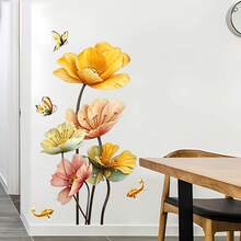 1pc Elegant Watercolor Floral Koi Fish & Butterfly Wall Sticker, Removable Self-Adhesive Waterproof PVC Decal, Suitable For Living Room, Bedroom, Kitchen, Entryway And Other Wall Surfaces - Wall Stickers - View 1