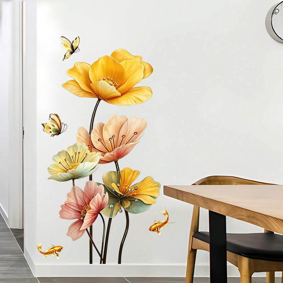 1pc Elegant Watercolor Floral Koi Fish & Butterfly Wall Sticker, Removable Self-Adhesive Waterproof PVC Decal, Suitable For Living Room, Bedroom, Kitchen, Entryway And Other Wall Surfaces - Wall Stickers - View 1