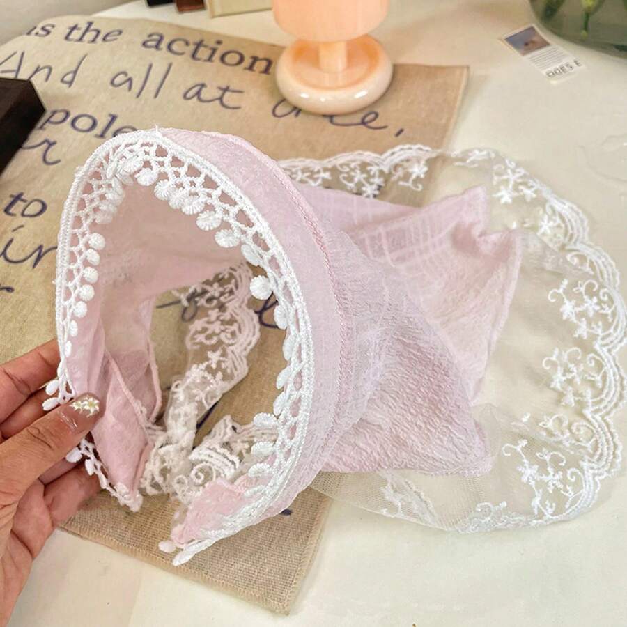 Boho 1 pieza Pañuelo triangular de encaje para mujer, diadema elegante de estilo campestre con ribete de pompones, accesorio de cabello de alta gama para fotografía de playa & uso diario - Rosa - Ver 1