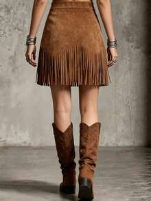 Women's Retro Fringe Hem A-Line Skirt, Western Style Skirt With Rivet Decor, Suitable For Spring, Summer And Autumn, Slightly Stretchy, Brown - Brown - View 2
