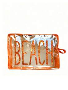 彩色透明化妝包文具收納袋，印有亮片字母 BEACH，防水透明拉鍊旅行盥洗包，便攜式化妝收納袋，適合女性，可收納化妝品、盥洗用品及旅行必需品，適用於日常、度假、出差、健身、海邊，適合學生、旅者及美妝愛好者，適合夏季假期、生日及伴娘禮物，可用作化妝包或盥洗包，開學季禮物 - 彩色 - 查看 14