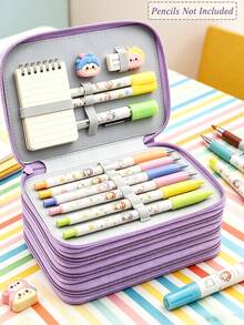 Kotak Pensil Empat Lapis Warna Solid Portabel, 72 Lubang dengan Resleting untuk Pensil Warna, Pena Gambar, dan Pena Mewarnai (Custom 1pc), - MultiWarna - View 4