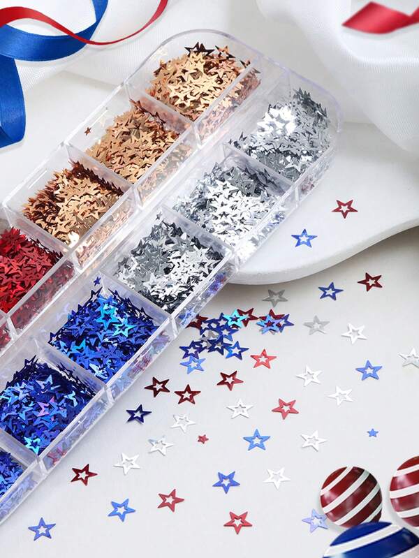 12 Grids Red Blue Stars Sequins Nails Decorations Holographic Golden Silvery Pentagram Manicure Charms DIY Women Salon Nails Supplies