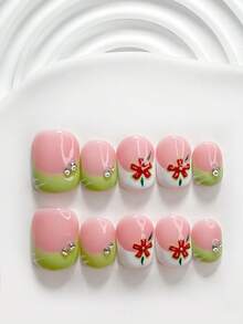 10pcs Elegant Exquisite Handmade Press-On Nail Set, Poly Gel Material, Floral Pattern, Green Nail Polish Color, Fresh Summer Style, Includes Nail Tools, 3 Sizes Available (Square, Short Square, Almond), Suitable For Party, Dance And Daily Wear - 彩色 - 查看 2