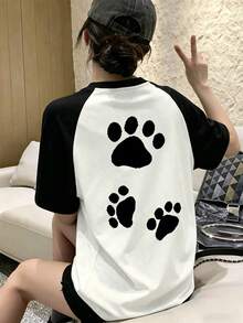 Y2K女款時尚夏季插肩袖撞色圓領百搭字母卡通貓爪印花短袖T恤休閒白色夏裝 - 白色 - 查看 3