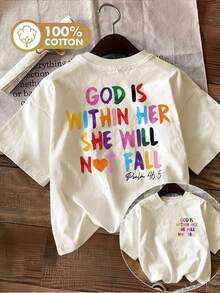[Impresión a doble cara] Top casual de verano para mujer, estilo divertido, estampado de corazones, estampado de letras coloridas "GOD IS WITHIN HER", cuello redondo. - Albaricoque - Ver 1