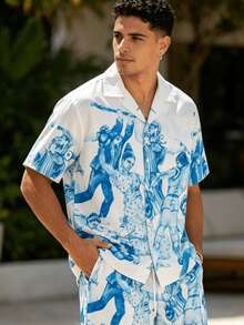 Conjunto dos piezas camisa corta y pantalón largo para hombre estilo oriental vintage tropical, ideal para escapadas veraniegas con aire elegante y exótico - Azul - Ver 1