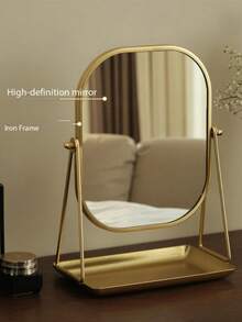Elegant Luxury Style Oval Desktop Vanity Mirror, Nordic Creative Metal Frame, Bottom Storage Tray For Lipstick, Cosmetics, Jewelry, Fragrance, Makeup Brushes, Aromatherapy Products, Polished Glass Mirror Surface - Multicolor - View 6