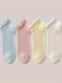 4/5/8 pares de calcetines cortos de mujer de unicolor, clásicos y versátiles, con borde de volantes transpirables. Calcetines de estilo Lolita minimalista con encaje y rayas verticales, adecuados para uso diario, casual, deportivo, viajes y regalos para todas las festividades, primavera/verano - Multicolor - Ver 4