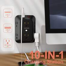 Extensor de toma de corriente de pared con protección contra sobretensiones, 6 tomas de CA ampliamente espaciadas & 4 puertos USB (2 USB C), adaptador cargador de pared multi-enchufe de 4 lados para hogar, viajes y oficina - Negro - Ver 3