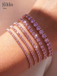 Hihho 1pc Multi-Size Full Zirconia Tennis Bracelet, Light Luxury Hip-Hop Style, Gold Base With Purple "Dense Zirconia Inlay + Tennis Chain Structure" Design, Combining Hip-Hop Sparkle And Light Luxury Jewelry Exquisite Texture. Suitable For Mature Styles, Ideal For Daily Outings, Outfits, Light Parties And More - Purple - View 2