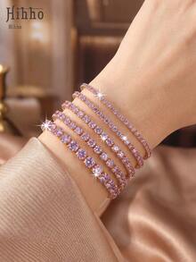 Hihho 1pc Multi-Size Full Zirconia Tennis Bracelet, Light Luxury Hip-Hop Style, Gold Base With Purple "Dense Zirconia Inlay + Tennis Chain Structure" Design, Combining Hip-Hop Sparkle And Light Luxury Jewelry Exquisite Texture. Suitable For Mature Styles, Ideal For Daily Outings, Outfits, Light Parties And More - Purple - View 9
