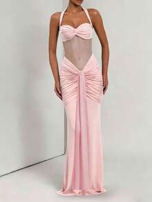 Women's Sexy Strapless Mesh Patchwork Long Dress, Elegant Pleated Semi-Sheer Dress Suitable For Balls And Parties Summer - Baby Pink - View 3