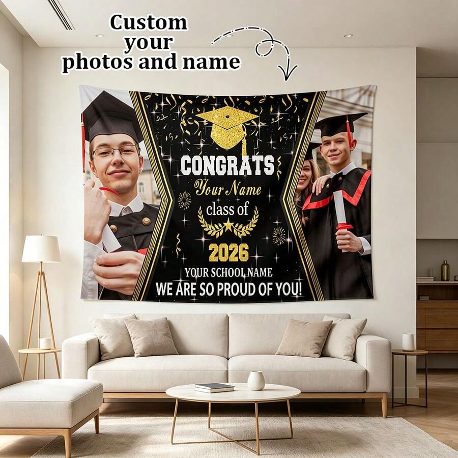 1 pieza Tapiz de pared personalizable y personalizado, se pueden añadir fotos y texto, adecuado para cumpleaños, bodas, Halloween, Navidad, fiestas, Día del Padre/Día de la Madre, decoración del hogar, estética del dormitorio - Multicolor - Ver 1