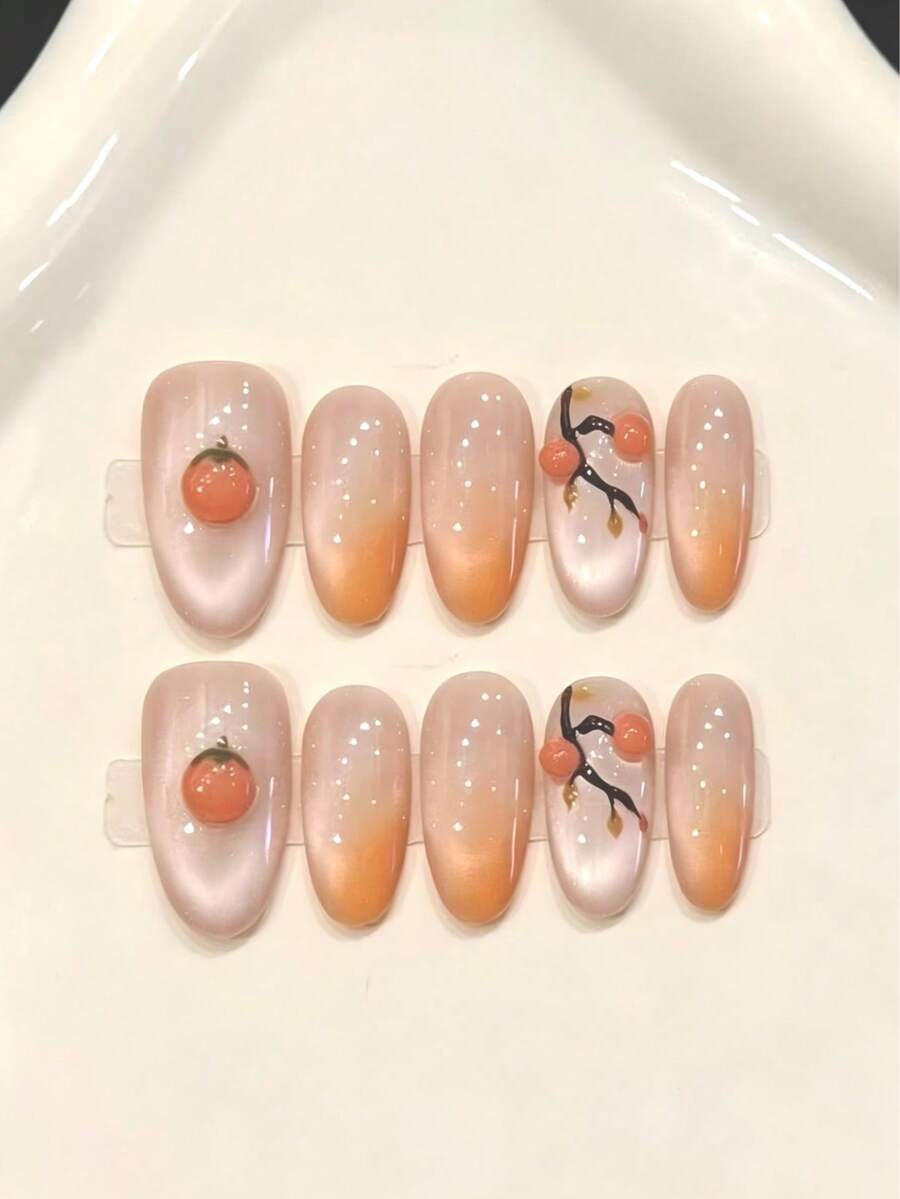 10PCS Middle Oval Handmade Press On Nails For Party And Daily Wear,Orange Nails,Cute Persimmon Handmade Press On Nails.Shiny Cat's Eye,Shiny ,Summer Nails,Easy To Wear,Suitable For Girls And Women Festivals Parties And Daily Wear