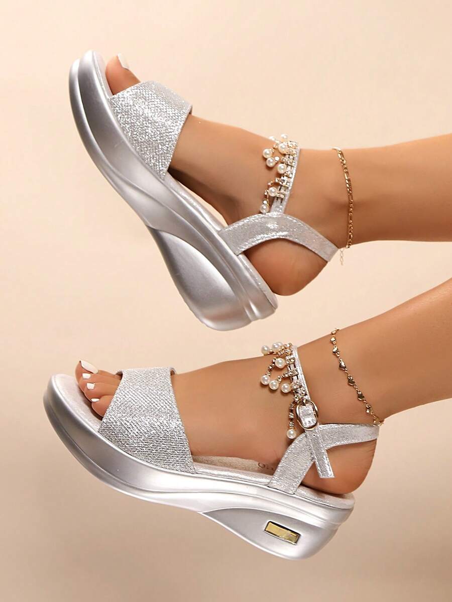 Women's Wedge Sandals, Summer High Heel With Rhinestones, Fashion Casual Lightweight Platform Thick Sole Sandals, Faux Leather - Silver - View 1