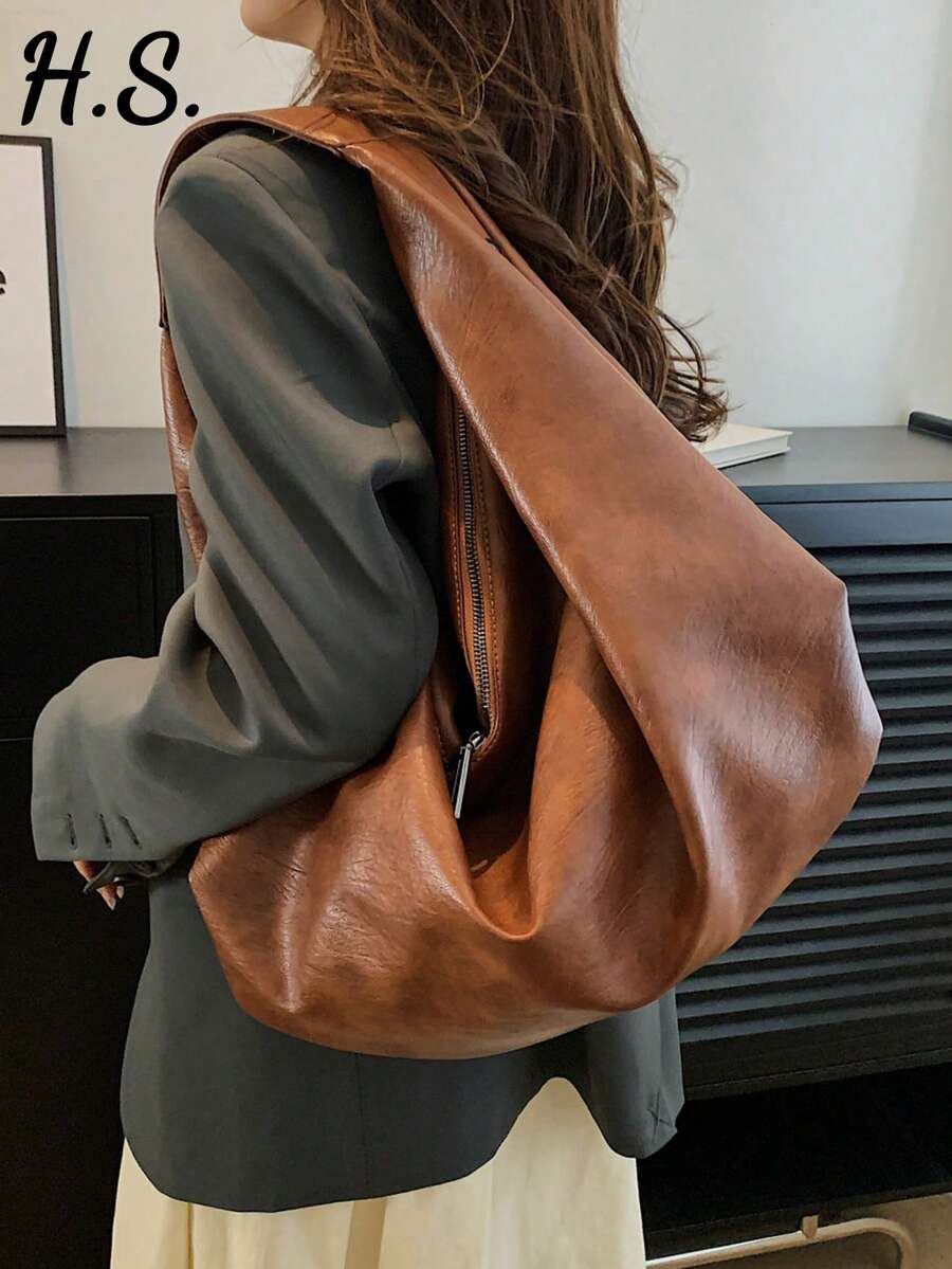 Modische minimalistische große Kapazität Handtasche Schultertasche einfarbig weiches PU Lässig große Tasche Pendeln Vintage Slouchy entspannt Tote Damen Tasche Reißverschluss geeignet für den täglichen Gebrauch Einkaufen Halbmond Tasche