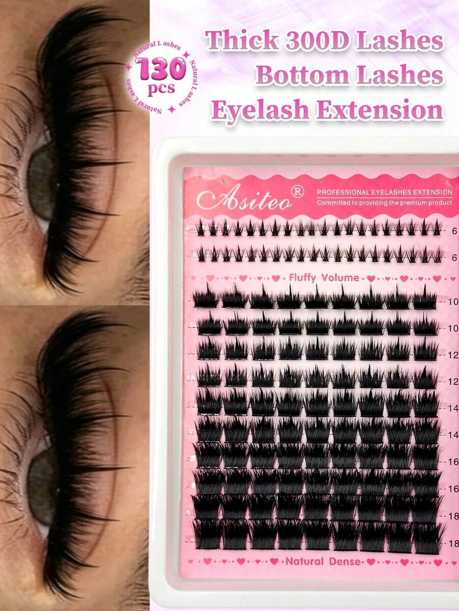 Asiteo 130Pcs D Curl 300D Pointed Tip Lash Clusters + Lower Lash, 6-18mm Length, Thick Single Lash For DIY Pointed Tip Lash Extension, Cartoon Lash Extension, Faux Mink Lash Extension, Dense Lashes, Dramatic Individual Lashes - D - View 1