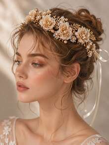 1Pc Handmade Luxury Golden Bridal Floral Headband - Pearl & Mesh Flower Hair Wreath For Wedding, Nature Photoshoot & Special Occasions - Gold - View 6