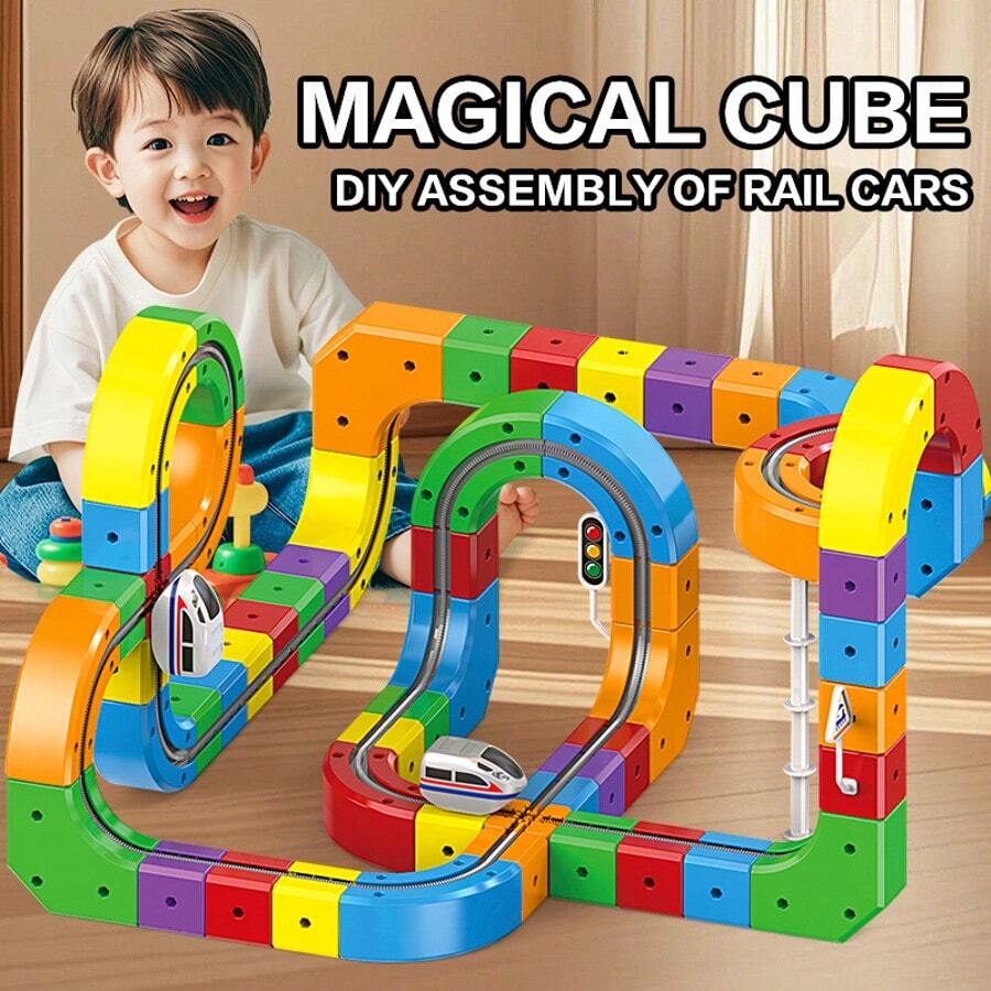 DIY Track Building Block Set With Train And Traffic Signs, STEM Toy Magic Track Cube Blocks Electric High-Speed Train Track Suitable For Toddlers And Children, 3-8 Years Old Boys And Girls, Children's Day Gift Back To School Season Birthday Party Gift 51pcs /81pcs /123pcs USB Rechargeable (Product Block Colors Shipped Randomly)