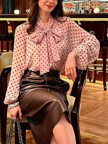女款波點上衣 春夏秋休閒款 蝴蝶結寬鬆優雅襯衫 度假海灘度假派對上衣 都市通勤辦公正式襯衫 粉色 - 粉色 - 查看 11