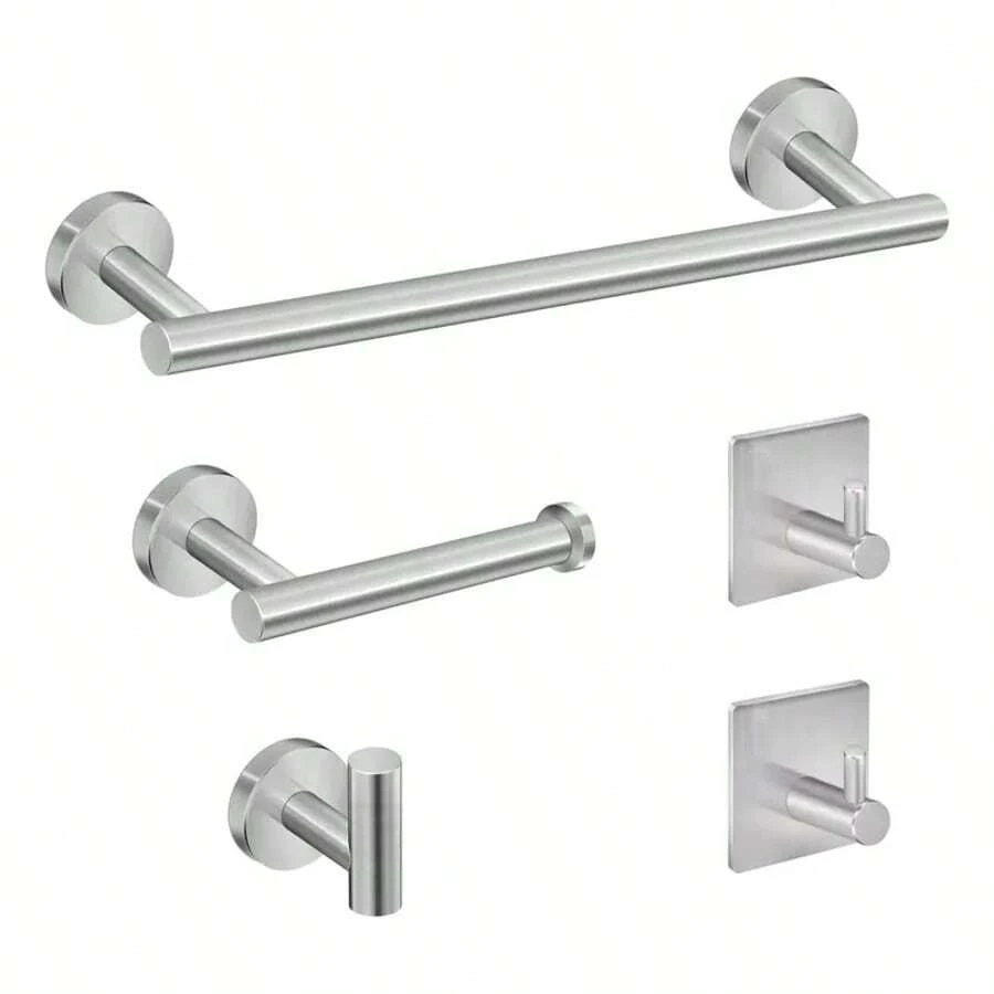 Set Of 5 Brushed Nickel Stainless Steel Wall Mounted Towel Rails With 2 Hooks For Bathroom, Towel Racks And Toilet Roll Holders - 拉絲鎳 - 查看 1