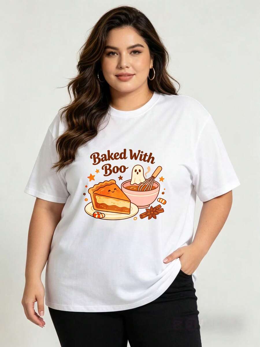 2026 camisetas para hombre, tallas grandes, camiseta de cuello redondo 100% de gran tamaño para mujer, diseño casual de Halloween con estampado de "Baked with Boo Pie And Candy", temporada d - Blanco - Ver 1