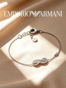 Armani Infinity Symbol Bracelet Full Paved Crystal Infinity Charm Adjustable Extension Chain Eagle Logo Tag Elegant Ladies Wrist Jewelry - Silver - View 2