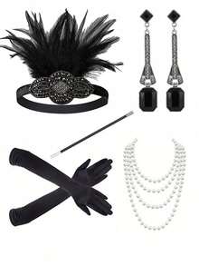 5pcs 1920s Women's Headpiece Elegant Costume Accessory Set, Premium Vintage Accessories Suitable For Bachelorette Party, Masquerade, Includes Headband, Gloves And Props, 4pcs Holiday Decoration - Multicolor - View 3