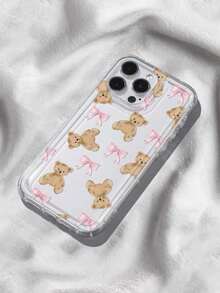Cute Teddy Bear Pattern Printed Phone Case, Compatible With IPhone 15 13 16 Pro Max 17 Pro Max 14, Pink Bow Cute Watercolor Bear Transparent Soft Silicone Protective Cover, Y2K Aesthetic, Ado - Clear - View 3