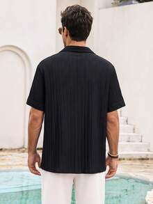 Mercer Haus Men's Casual Fashionable Woven Shirt, Soft & Skin-Friendly Fabric, Simple & Unique Design, Adjustable Sleeve Length, Short Sleeve Collared Shirt - Black - View 2