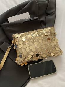 New Fashion Sequin Handbag, Sequin Envelope Clutch Wristlet Bag, Sequin Coin Purse Suitable For Parties, Outings, Vacations, Shopping And Daily Use, Can Store Coins, Phones - Gold - View 6