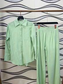 Linen Shirt And Pants Set (2 Pieces), Lined With Elastic. - 綠色 - 查看 1