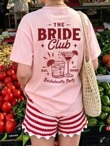 大尺碼女款短袖T恤「Bride Club」/單身女郎派對主題圖案T恤，女款夏季上衣，度假風休閒服飾 - 粉色 - 粉色 - 查看 6