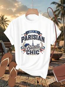 Camiseta Casual de Manga Corta para Mujer, Estilo Chic Parisino para el Día de la Bastilla, Cuello Redondo, 100% Pura, Camisetas con Estampado Gráfico, Atuendo Diario, Mejor Regalo, a la Moda para Verano, Playa, Vacaciones - Blanco - Ver 1