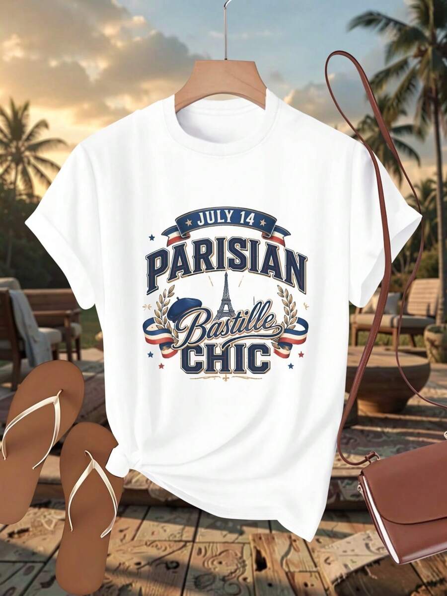 Camiseta Casual de Manga Corta para Mujer, Estilo Chic Parisino para el Día de la Bastilla, Cuello Redondo, 100% Pura, Camisetas con Estampado Gráfico, Atuendo Diario, Mejor Regalo, a la Moda para Verano, Playa, Vacaciones - Blanco - Ver 1