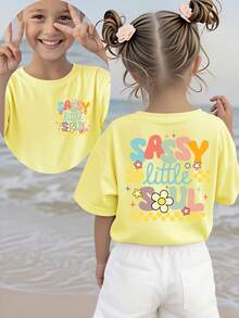 Estampado doble en la parte delantera y trasera, estampado de letras y flores para niñas, camiseta de manga corta versátil, dulce y linda. - Amarillo - Ver 1