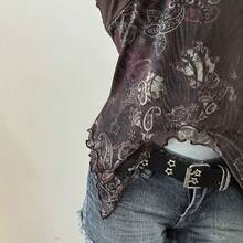 Women's Y2K Style Halter Crop Top With Brown Paisley Print, Wooden Ring Detail At The Front, And Irregular Ruffled Hem - Black - View 4