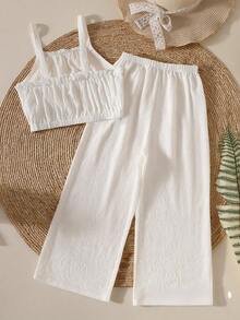 Tween Girls' Textured Camisole Top + Casual Wide Leg Pants 2 Pieces Set, Spring/Summer - White - View 2