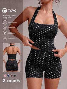 TCVC Pink Polka Dot Halter Neck 2 Pieces Workout Sets, Backless Crop Tank + V Waist Scrunch Butt High Waist Biker Shorts, For Yoga Sports - Black and White - View 1