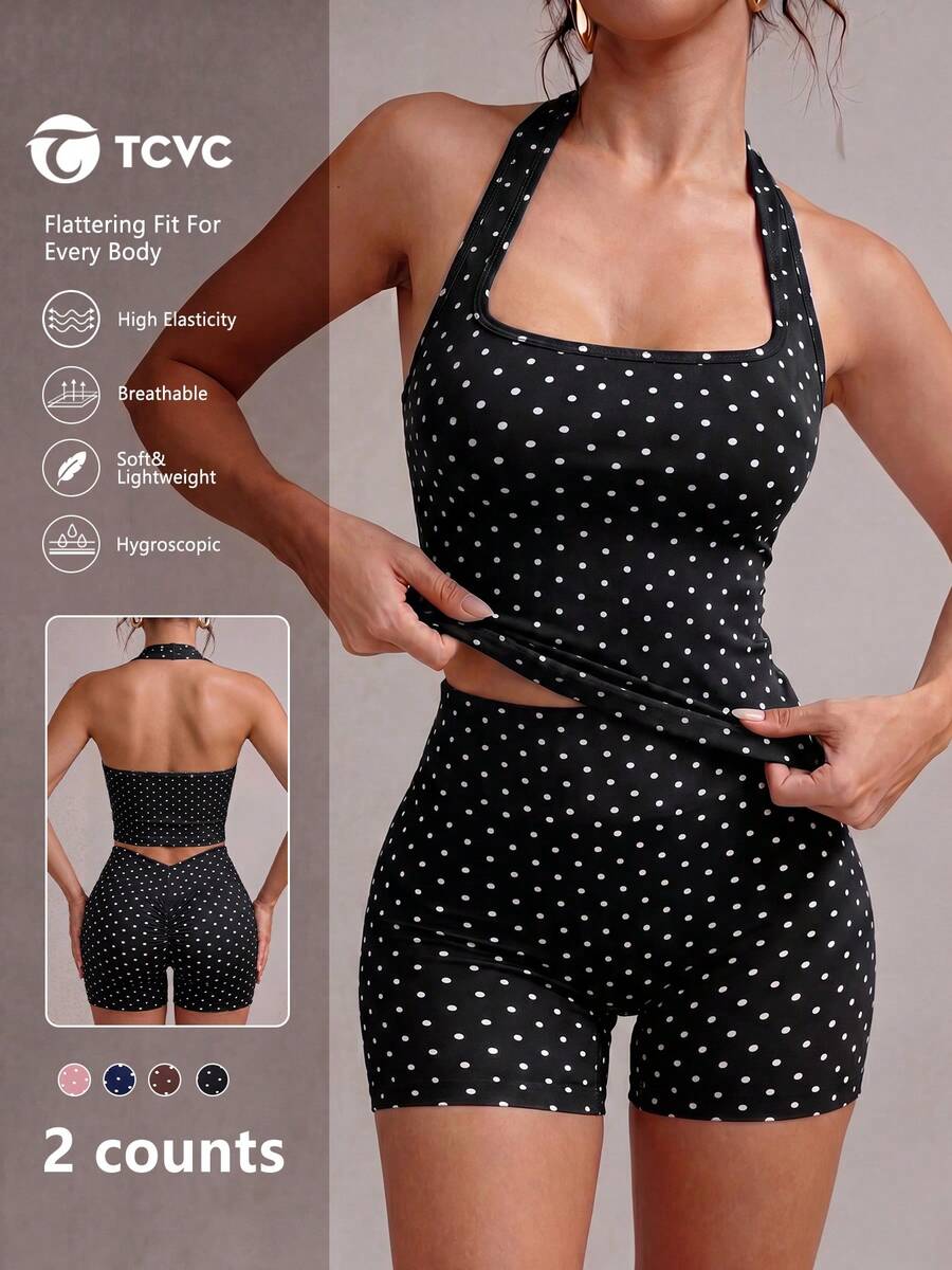 TCVC Pink Polka Dot Halter Neck 2 Pieces Workout Sets, Backless Crop Tank + V Waist Scrunch Butt High Waist Biker Shorts, For Yoga Sports - Black and White - View 1